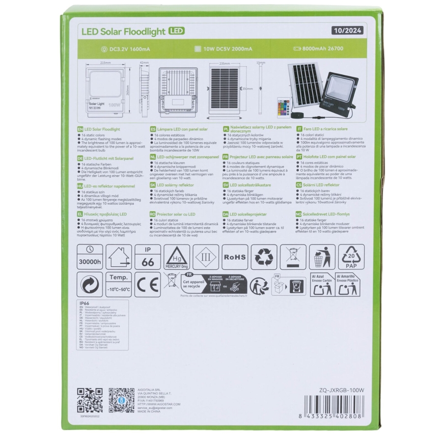 Aigostar - Світлодіодний RGB сонячний прожектор з регулюванням яскравості LED/100W/3,2V IP66 + дистанційне керування