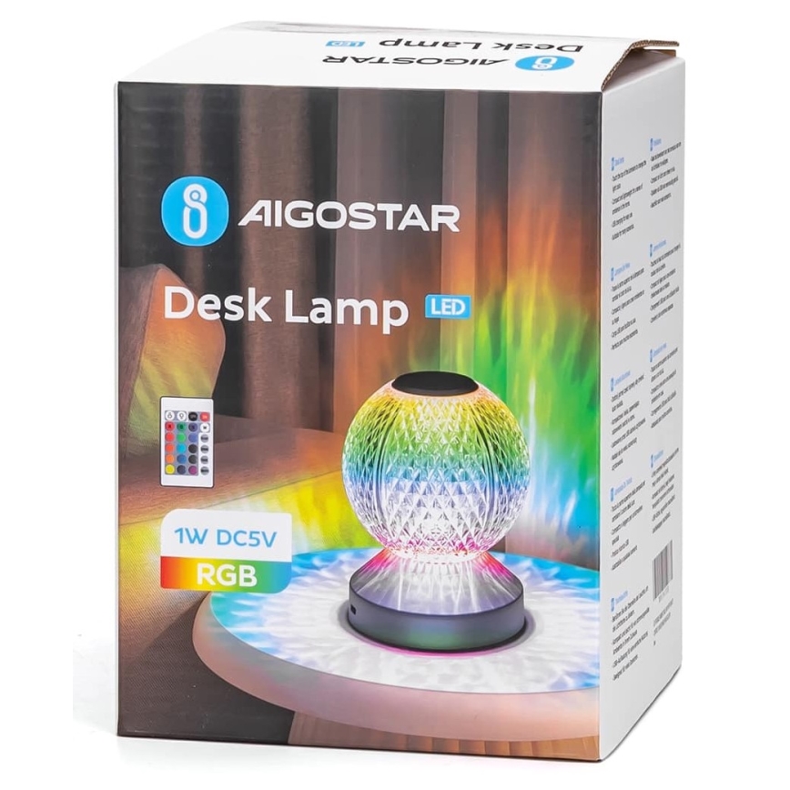 Aigostar - LED RGB Настільна акумуляторна лампа з регулюванням яскравості LED/1W/5V 1800mAh 13,5 см + пульт дистанційного керування