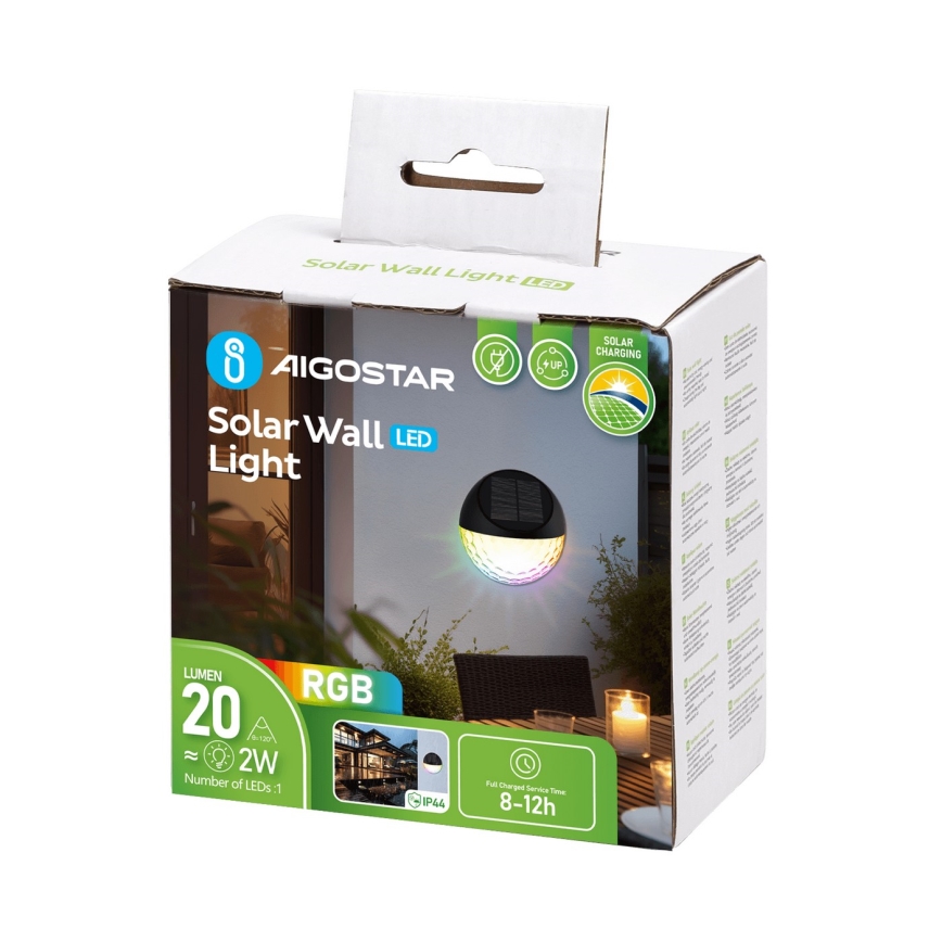 Aigostar - LED RGB Настінний світильник на сонячній батареї LED/2W/1,2V чорний IP44