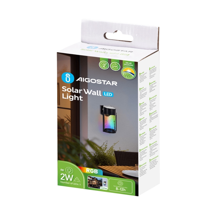 Aigostar - LED RGB Настінний світильник на сонячній батареї LED/2W/1,2V чорний IP44