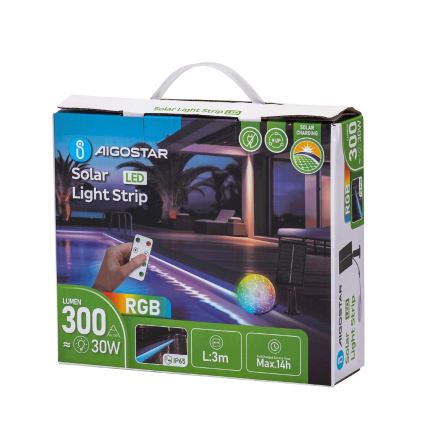 Aigostar - LED RGB Стрічка на сонячній батареї з регулюванням яскравості LED/1,6W/3,2V 5 м IP65 + пульт дистанційного керування