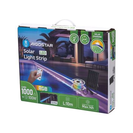 Aigostar - LED RGB Стрічка на сонячній батареї з регулюванням яскравості LED/10W/3,2V 10 м IP65 + пульт дистанційного керування