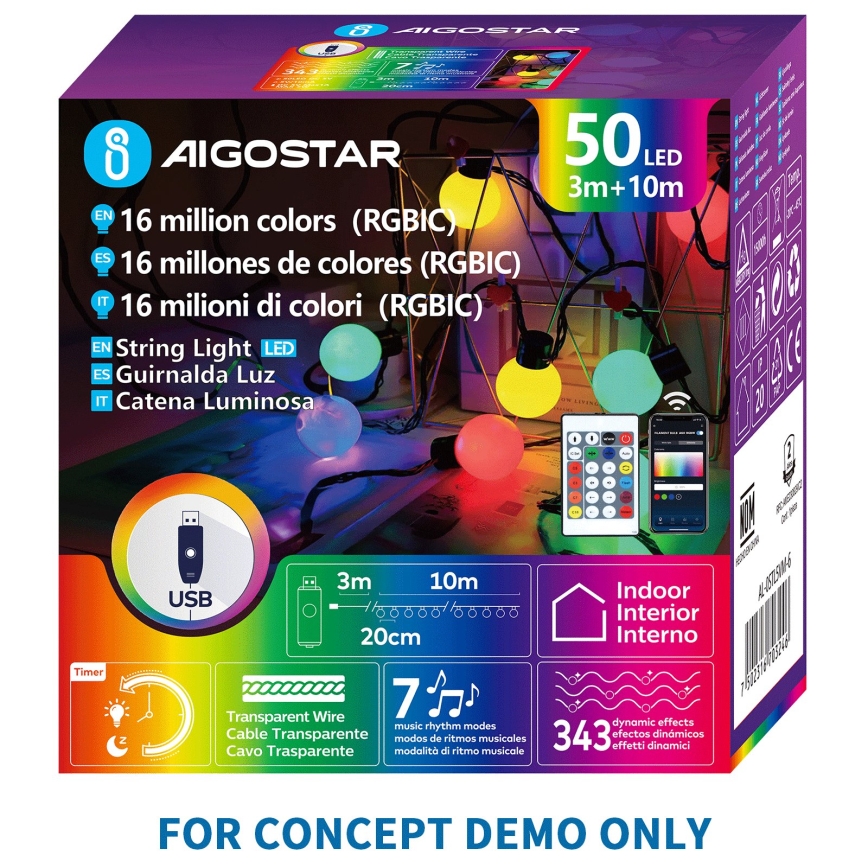 Aigostar - LED RGBIC декоративна гірлянда 25 світлодіодів/5 Вт/USB 10 м багатобарвна