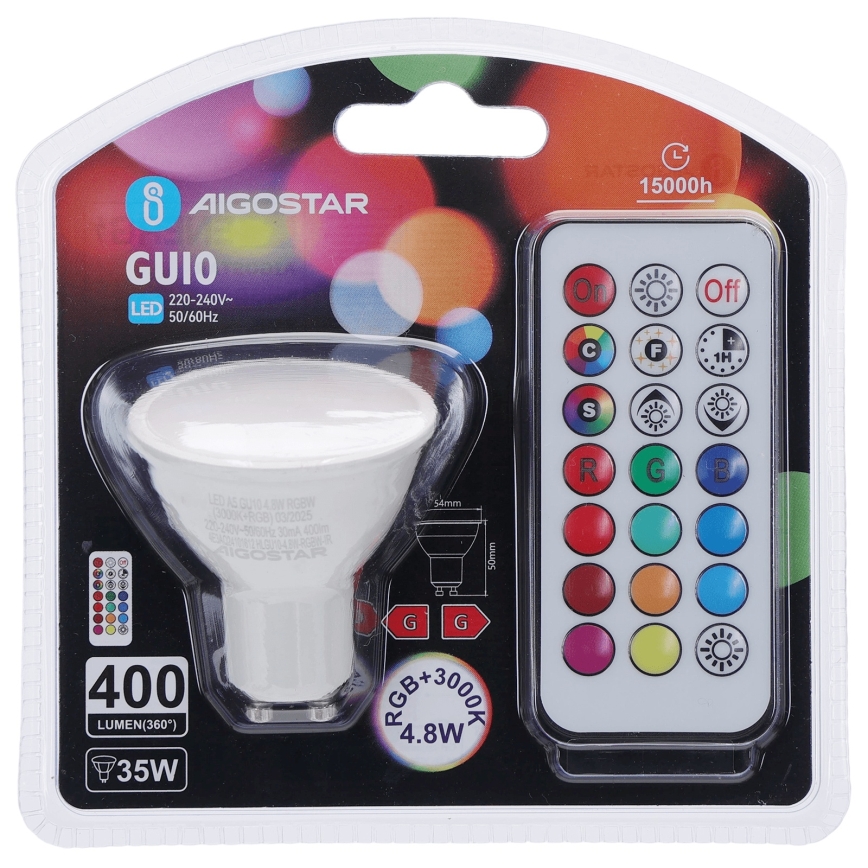 Aigostar - LED RGBW диммируемая светодиодная лампа GU10/4,8W/230V 3000K + пульт дистанционного управления
