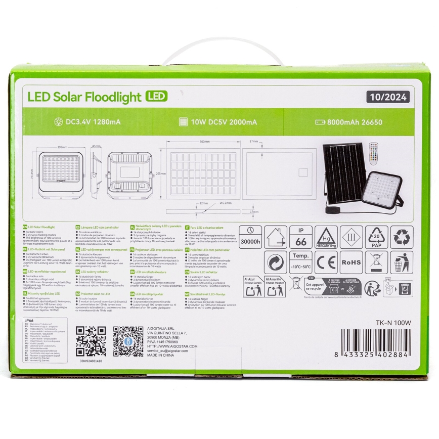Aigostar - Світлодіодний RGBW сонячний прожектор з регулюванням яскравості LED/100 Вт/3,4 В IP66 8000 мАг + дистанційне керування