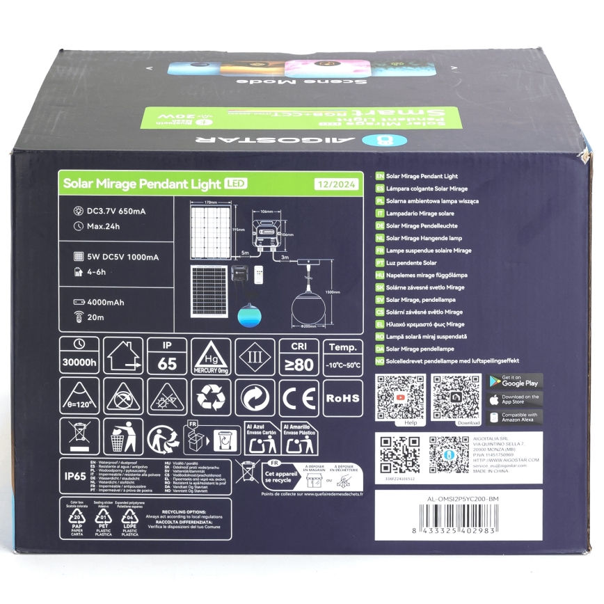 Aigostar - LED RGBW Люстра на сонячній батареї з регулюванням яскравості MESH LED/20W/3,7V 4000 mAh 2700K-6500K IP65 діаметр 20 см