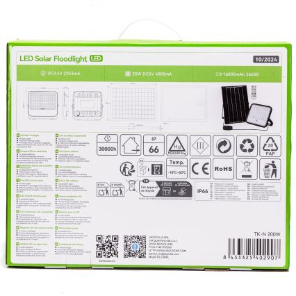 Aigostar - LED RGBW Прожектор з регулюванням яскравості на сонячній батареї LED/200W/3,4V IP66 + пульт дистанційного керування