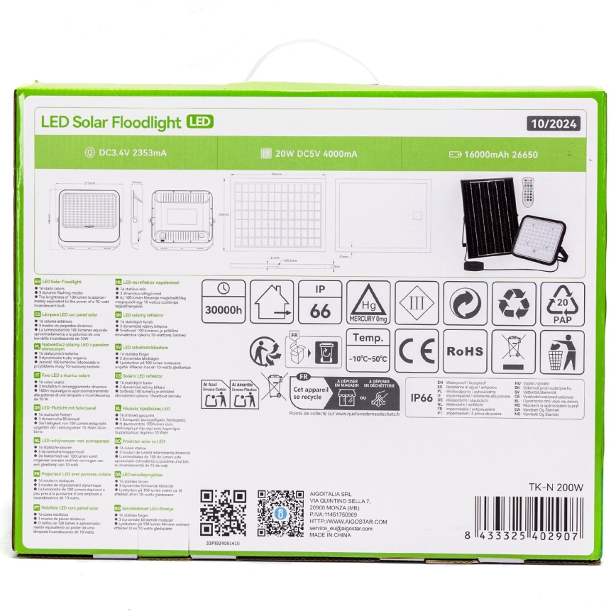 Aigostar - LED RGBW Прожектор з регулюванням яскравості на сонячній батареї LED/200W/3,4V IP66 + пульт дистанційного керування