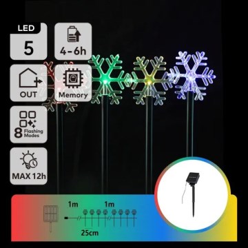 Aigostar - LED RGBY солнечный рождественский светильник 5xLED/1,2 В/8 функций 1 м IP65 800 мА·ч снежинки