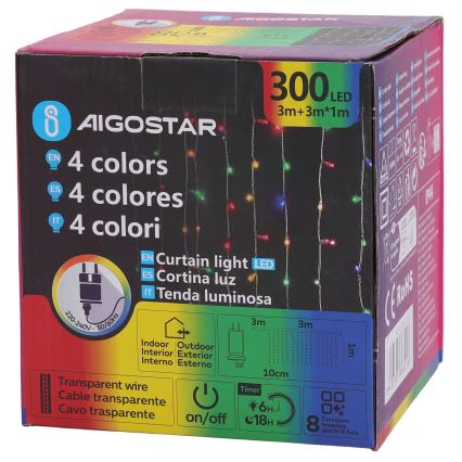 Aigostar - LED RGBY уличная гирлянда 300xLED/8 режимов 3x1m IP44 + пульт дистанционного управления