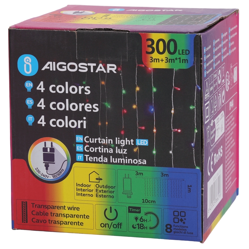 Aigostar - LED RGBY уличная гирлянда 300xLED/8 режимов 3x1m IP44 + пульт дистанционного управления