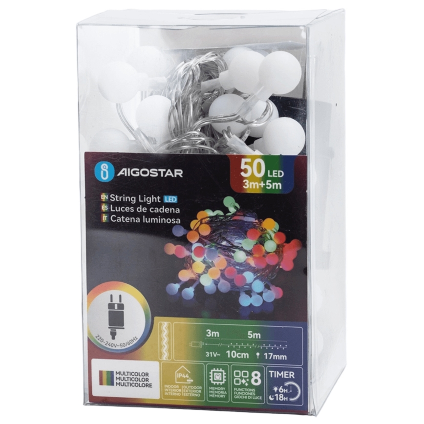Aigostar - LED уличная декоративная гирлянда 50xLED/8 функций 5 м IP44 многоцветная