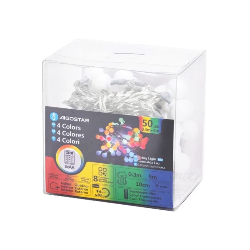 Aigostar - LED RGBY Вуличний різдвяна гірлянда 50xLED/3xAA/8 функцій 5,3 м IP44