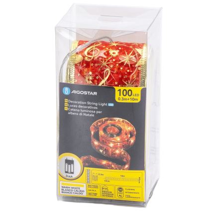 Aigostar - світлодіодна різдвяна гірлянда 100xLED/3xAA 10 м тепле біле/червоне