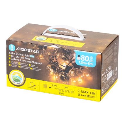 Aigostar - LED Різдвяна гірлянда на сонячній батареї 10xLED/8 функцій 6,5 м IP65 теплий білий