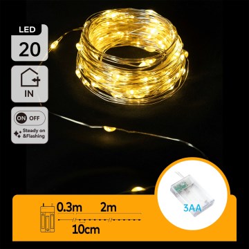Aigostar - LED різдвяна гірлянда 20xLED/3xAA 2,3m теплий білий
