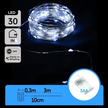Aigostar - LED-різдвяна гірлянда 30×LED/3×AA, 3,3 м, холодне біле світло