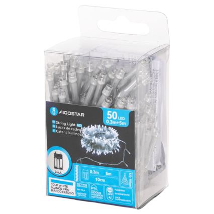 Aigostar - LED Різдвяна гірлянда 50xLED/3xAA 5,3m холодно-біла