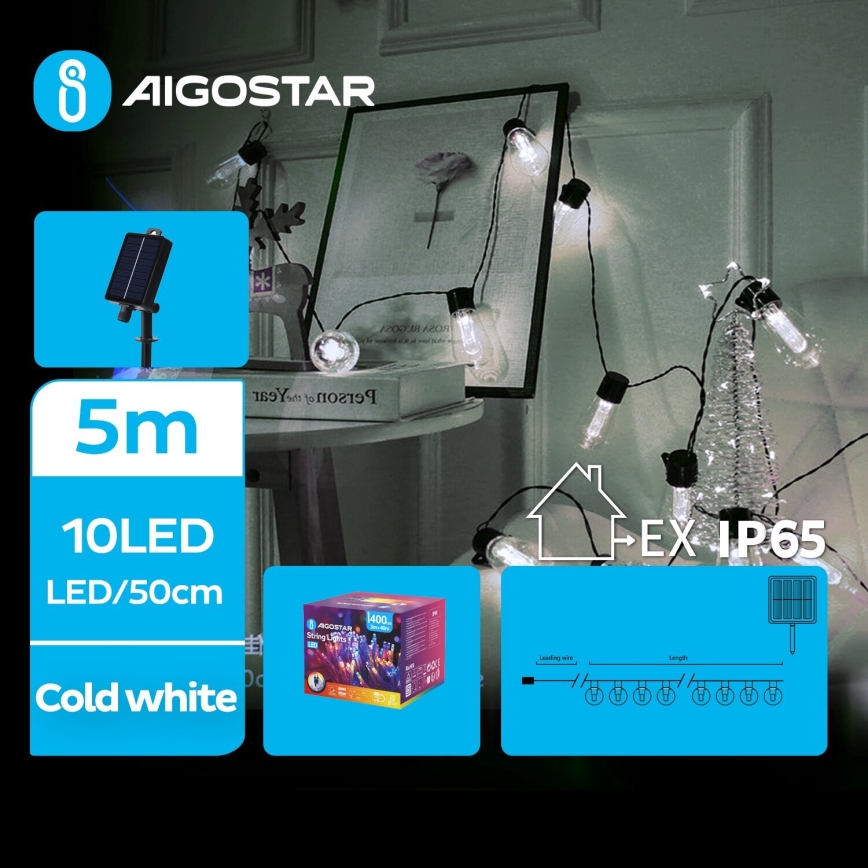 Aigostar - LED Різдвяна гірлянда на сонячній батареї 10xLED/8 функцій 6,5 м IP65 холодний білий