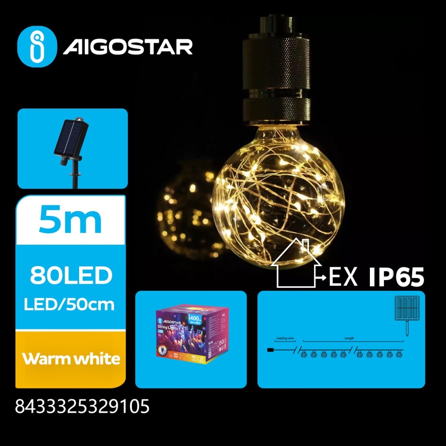 Aigostar - LED Різдвяна гірлянда на сонячній батареї 10xLED/8 функцій 6,5 м IP65 теплий білий