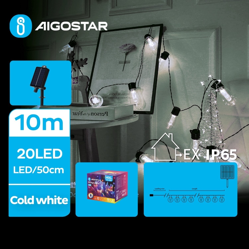 Aigostar - LED Різдвяна гірлянда на сонячній батареї 20xLED/8 функцій 11,5 м IP65 холодний білий