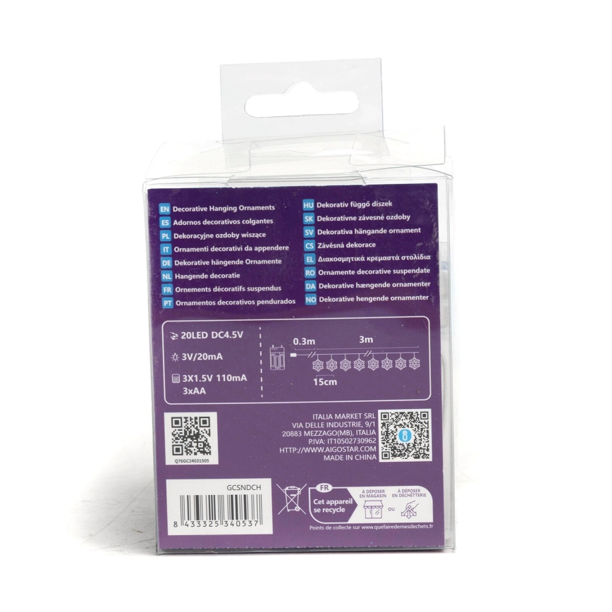 Aigostar - LED Різдвяний гірлянд 20xLED/3xAA 3,3м сніжинки