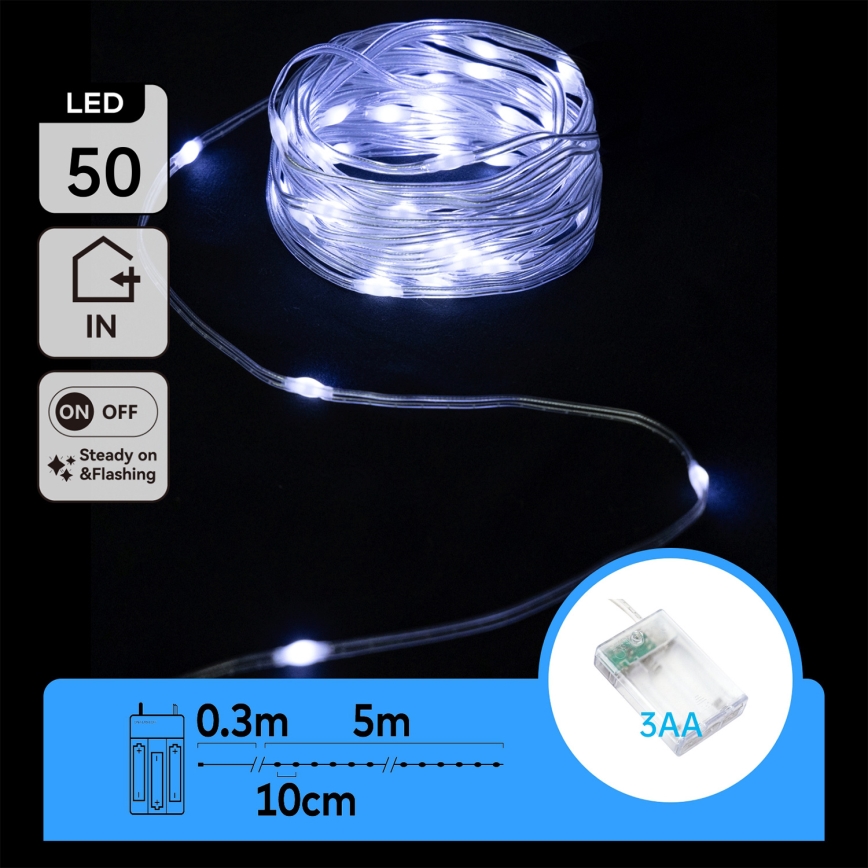 Aigostar - LED Різдвяний гірлянд 50xLED/3xAA 5,3 м холодний білий