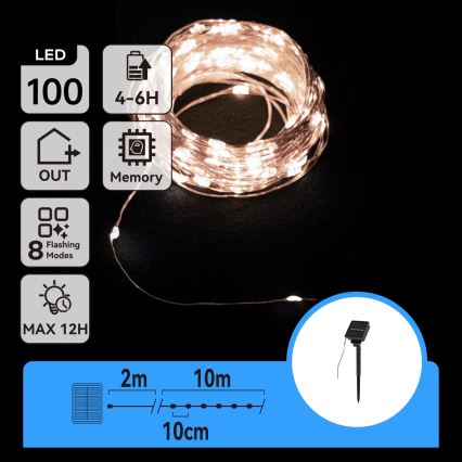 Aigostar - LED солнечная гирлянда 100×LED/8 режимов, 12 м, IP65, 800 мА·ч, холодный белый