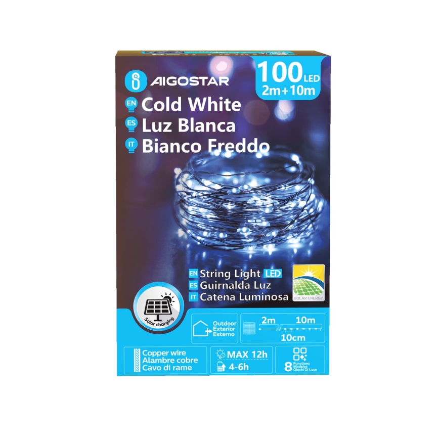 Aigostar - LED солнечная гирлянда 100×LED/8 режимов, 12 м, IP65, 800 мА·ч, холодный белый