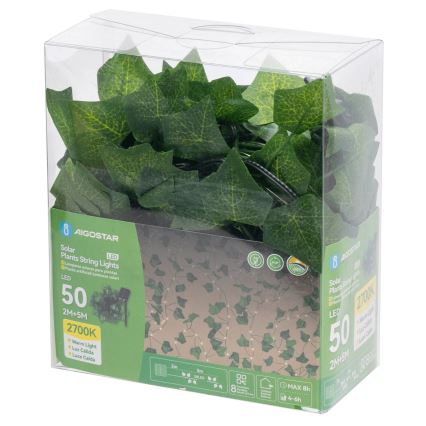 Aigostar - Светодиодная солнечная гирлянда 50xLED/7м IP65 300 мАч тёплый белый плющ