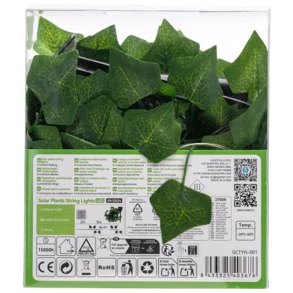 Aigostar - Светодиодная солнечная гирлянда 50xLED/7м IP65 300 мАч тёплый белый плющ