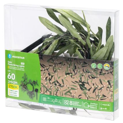 Aigostar - Светодиодная солнечная гирлянда 60xLED/4м IP65 300 мАч тёплый белый оливковый