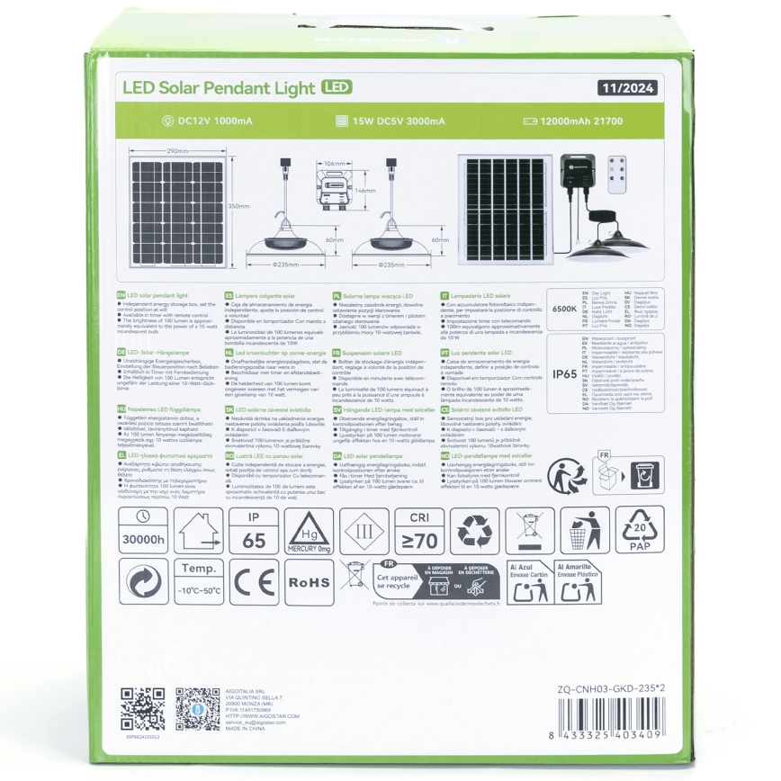 Aigostar - солнечная LED-люстра 2xLED/70W/12V 12000 mAh 6500K IP65 диам. 23,5 см + пульт дистанционного управления
