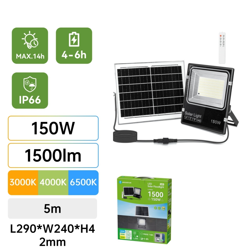 Aigostar - солнечный светодиодный прожектор LED/150W/3,2V 3000mAh 3000K/4000K/6500K IP66 + пульт дистанционного управления