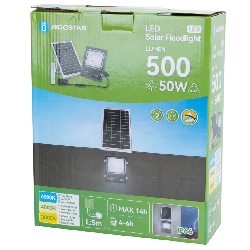 Aigostar - LED солнечный прожектор LED/50W/3,2V 1200mAh 3000K/4000K/6500K IP66 + пульт дистанционного управления