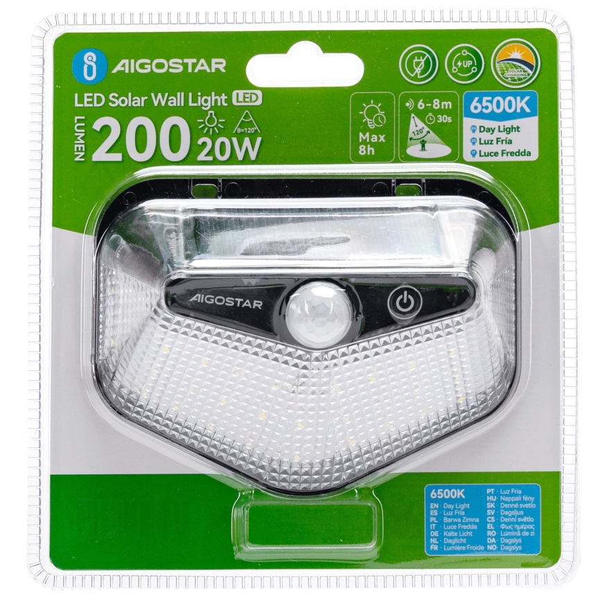 Aigostar - солнечный светодиодный светильник с датчиком, 3,7 V, 6500 K, 500 mAh, IP65, чёрный