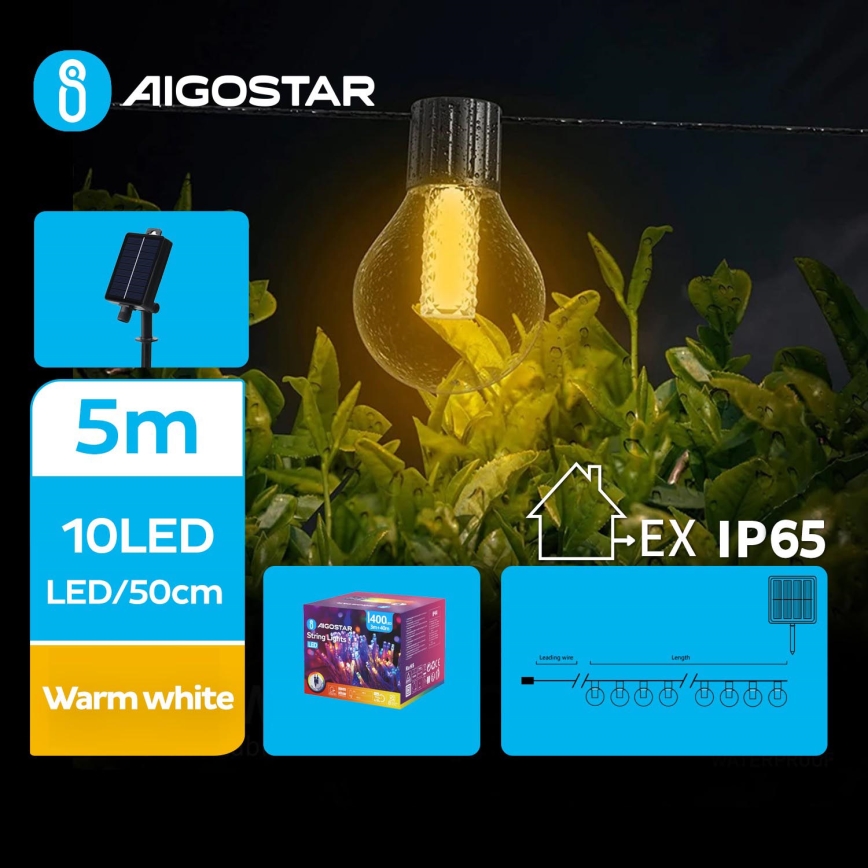 Aigostar - LED сонячний декоративний ланцюг 10xLED/8 функцій 5,5 м IP65 тепле біле світло 500 мАг