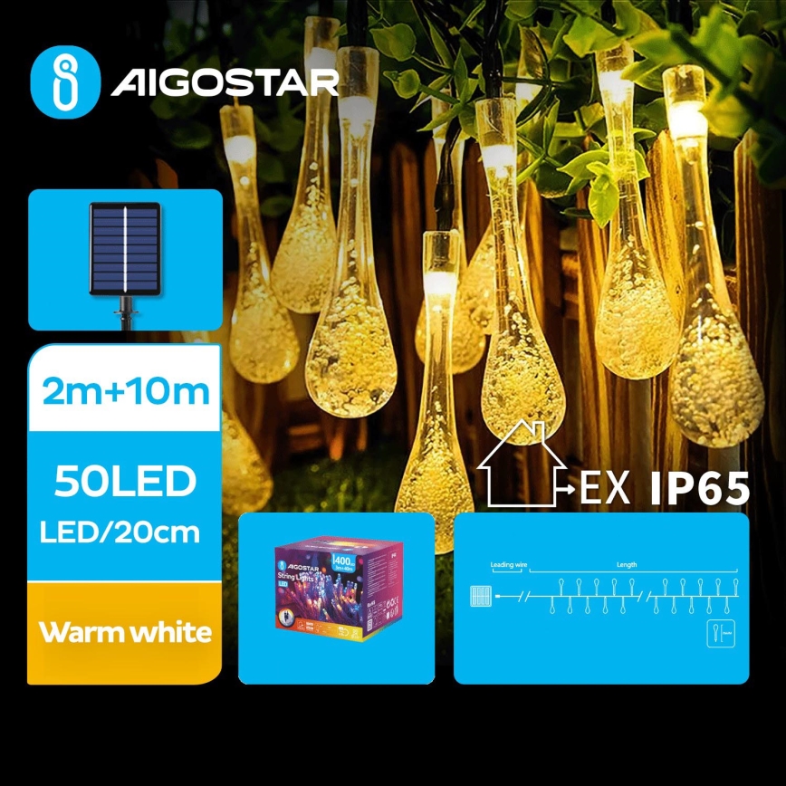 Aigostar - LED сонячний декоративний ланцюг 50xLED/8 функцій 12м IP65 тепле біле світло 800 мАг