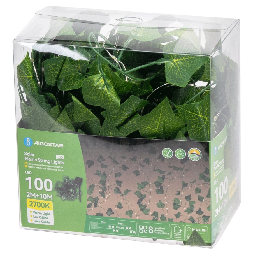 Aigostar - Світлодіодний сонячний гірлянд 100xLED/12м IP65 300 мАг тепле біле світло плющ