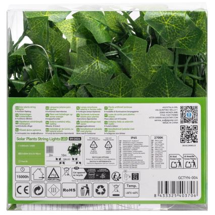 Aigostar - Світлодіодний сонячний гірлянд 100xLED/12м IP65 300 мАг тепле біле світло плющ