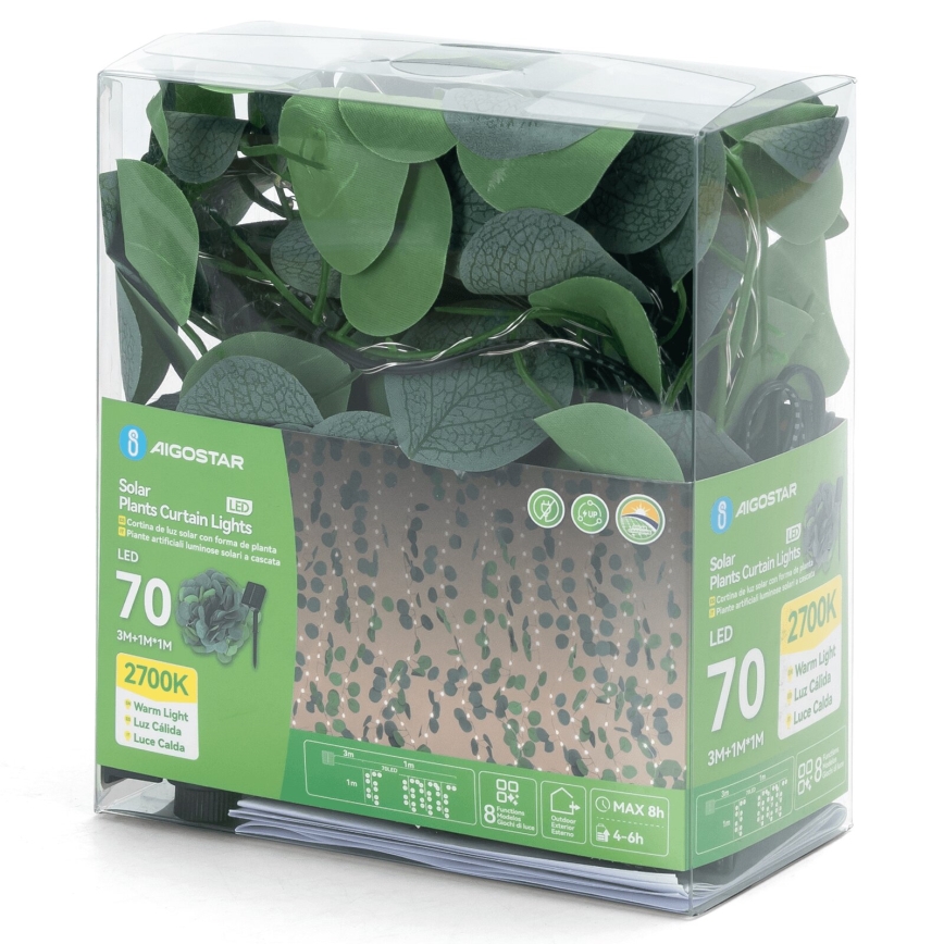 Aigostar - Світлодіодний сонячний гірлянд 70xLED/4x1м IP65 300 мАг тепле біле евкаліпт