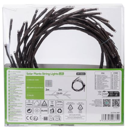 Aigostar - Світлодіодний сонячний гірлянд 72xLED/4м IP65 300 мАг тепле біле світло для гілок дерев