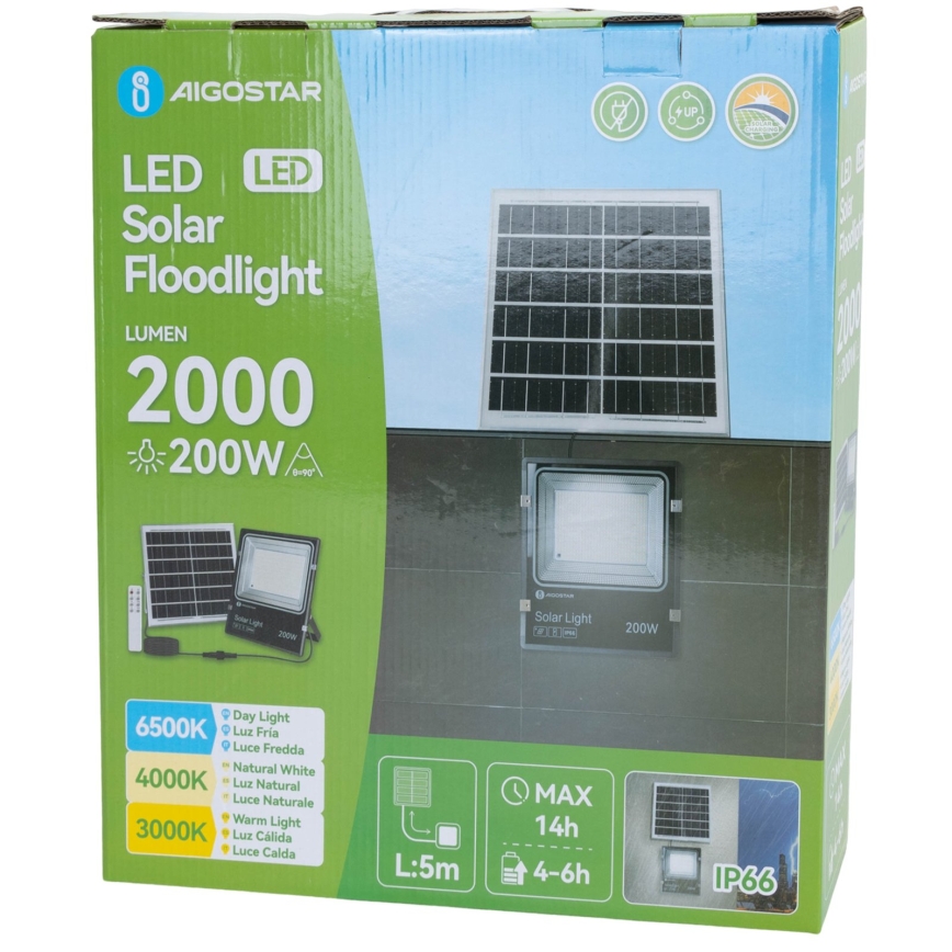 Aigostar - LED сонячний прожектор LED/200W/3,2V 3600mAh 3000K/4000K/6500K IP66 + пульт дистанційного керування