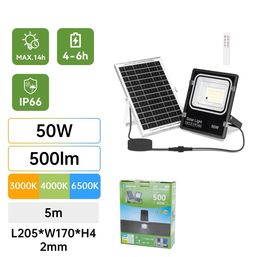 Aigostar - LED сонячний прожектор LED/50W/3,2V 1200mAh 3000K/4000K/6500K IP66 + пульт дистанційного керування