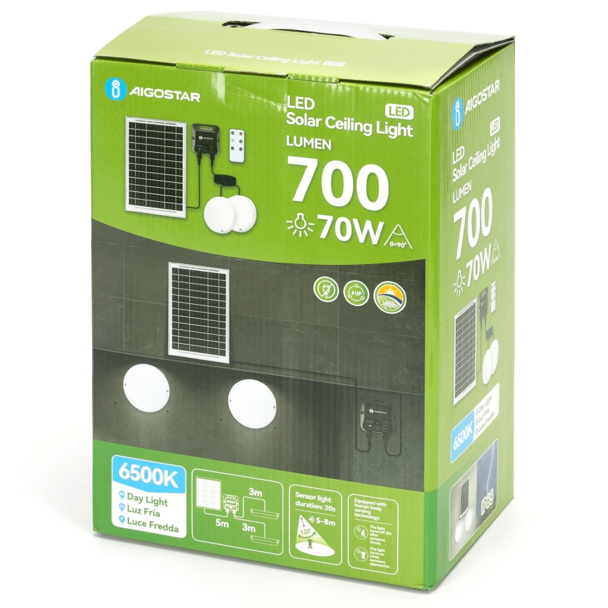 Aigostar - сонячний LED стельовий світильник зі датчиком 2xLED/35W/3,7V 6000 mAh IP65 + дистанційне керування