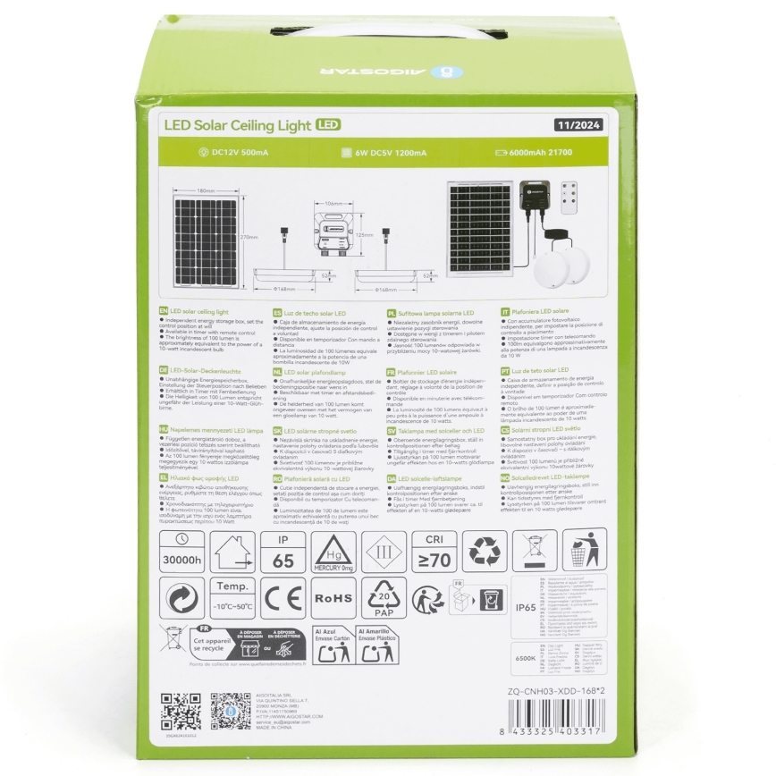 Aigostar - Світильник на сонячній батареї LED 2xLED/35W/12V 6000 mAh 6500K діам. 16,8 см + дистанційне керування