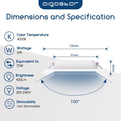 Aigostar - LED стельове світло LED/6W/230V 4000K 12x12 см біле
