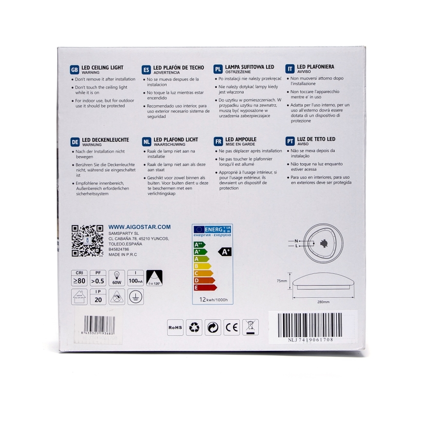 Aigostar - LED стельовий світильник із датчиком, 12 Вт/230 В, 3000K, діам. 28 см