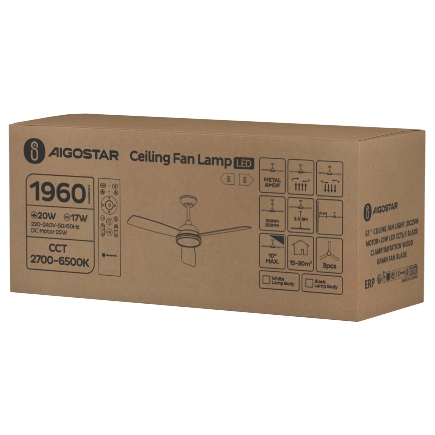 Aigostar - Світлодіодний стельовий вентилятор з регулюванням яскравості LED/20W/230V 2700-6500K 132см білий/бежевий + пульт дистанційного керування