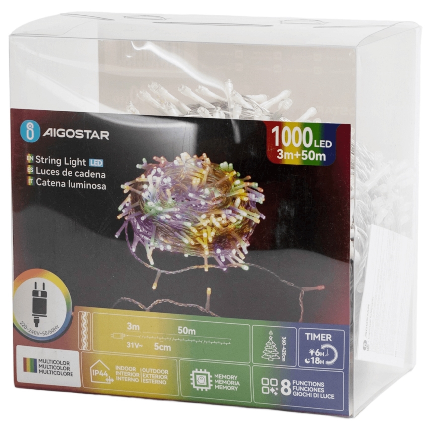 Aigostar - LED уличная гирлянда 1000 светодиодов/8 режимов, 53 м, IP44, многоцветная